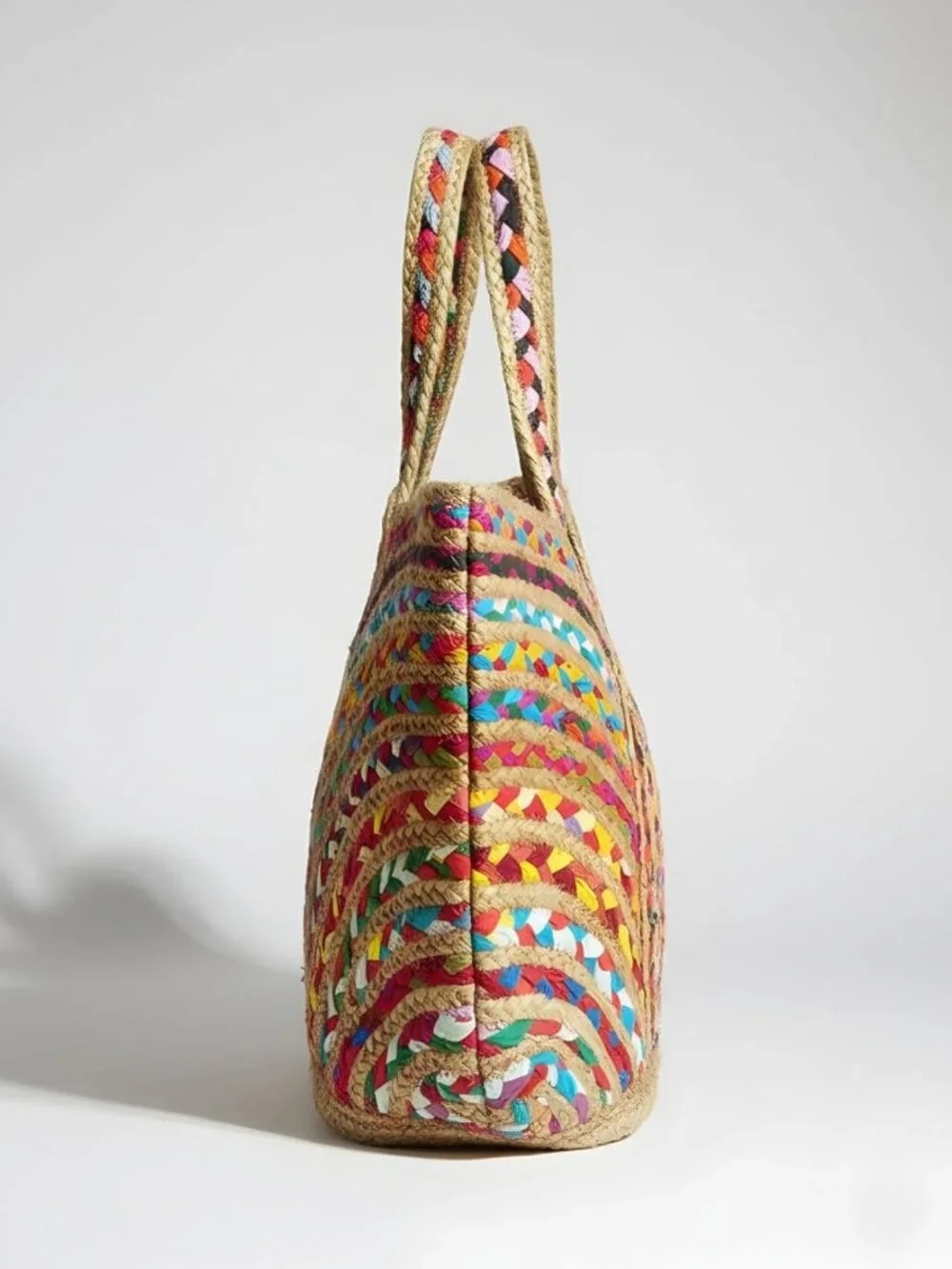 Boho Beach Tote Bag - Handmade Jute & Cotton Bucket Handbag with Tassels